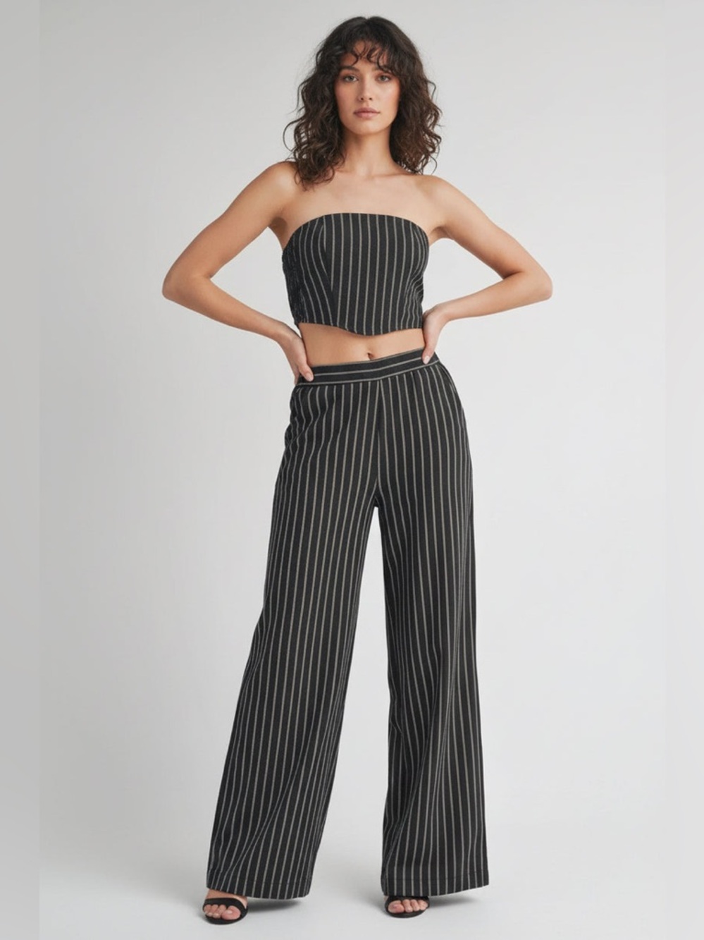 Striped Black Wide-Leg Pants - Women's